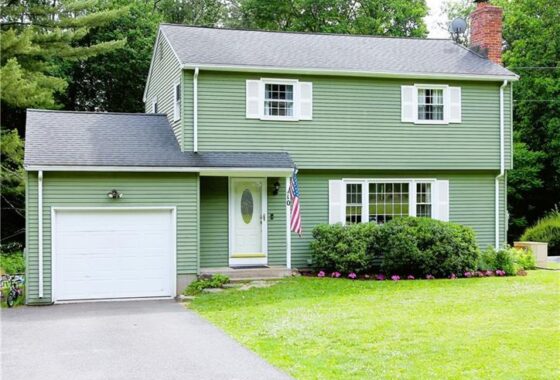 Green two-story house with garage and flag.