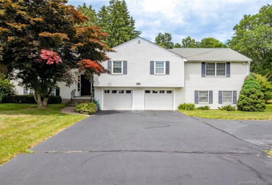 White two-story house with a double garage and paved driveway.