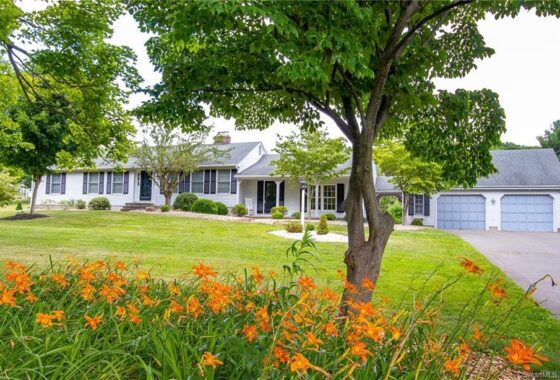 A cozy house with a green lawn and vibrant orange flowers in the foreground.