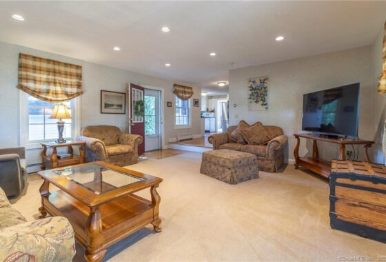 Spacious living room with beige carpet and cozy seating.