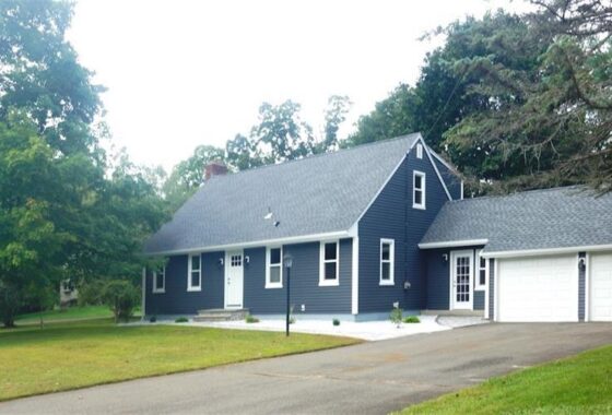 A modern navy blue house with white trim surrounded by greenery.