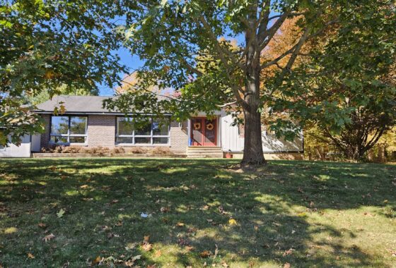 A cozy single-story house with a front yard and large tree.