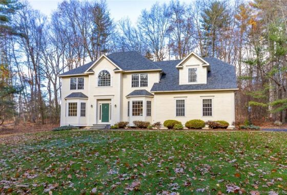 A large white two-story house surrounded by trees with a grassy front yard.