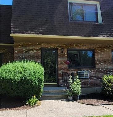 Brick house entrance with green shrub and potted plant on the porch.