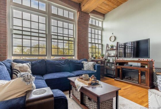 Cozy living room with blue sofas and large windows.