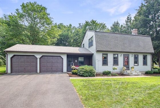Modern white two-story house with attached double garage and manicured lawn.